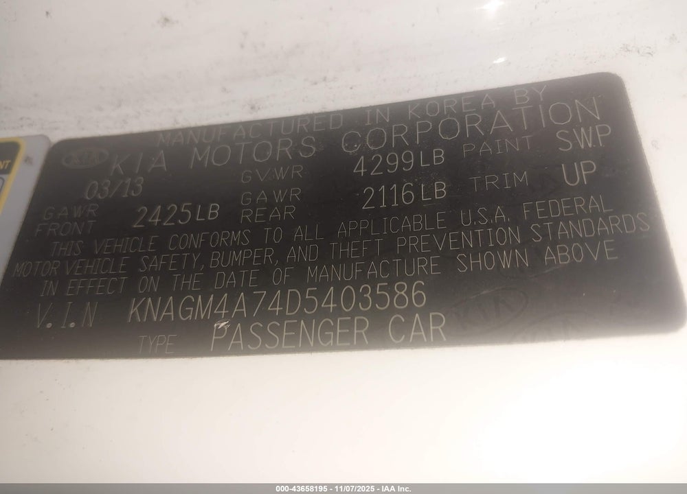 2013 KIA OPTIMA LX VIN: KNAGM4A74D5403586