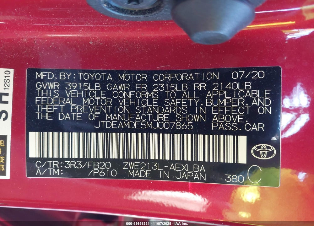 2021 TOYOTA COROLLA HYBRID LE VIN: JTDEAMDE5MJ007865