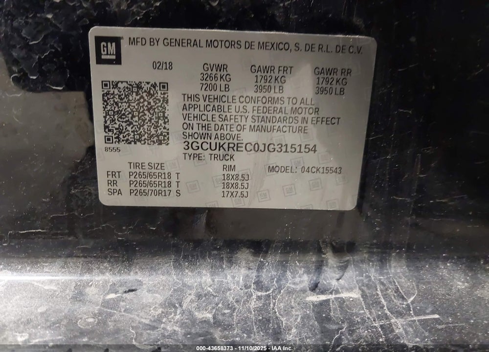 2018 CHEVROLET SILVERADO 1500 2LT VIN: 3GCUKREC0JG315154