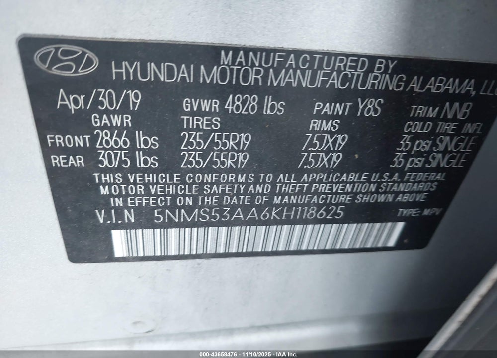 2019 HYUNDAI SANTA FE LIMITED 2.0T VIN: 5NMS53AA6KH118625