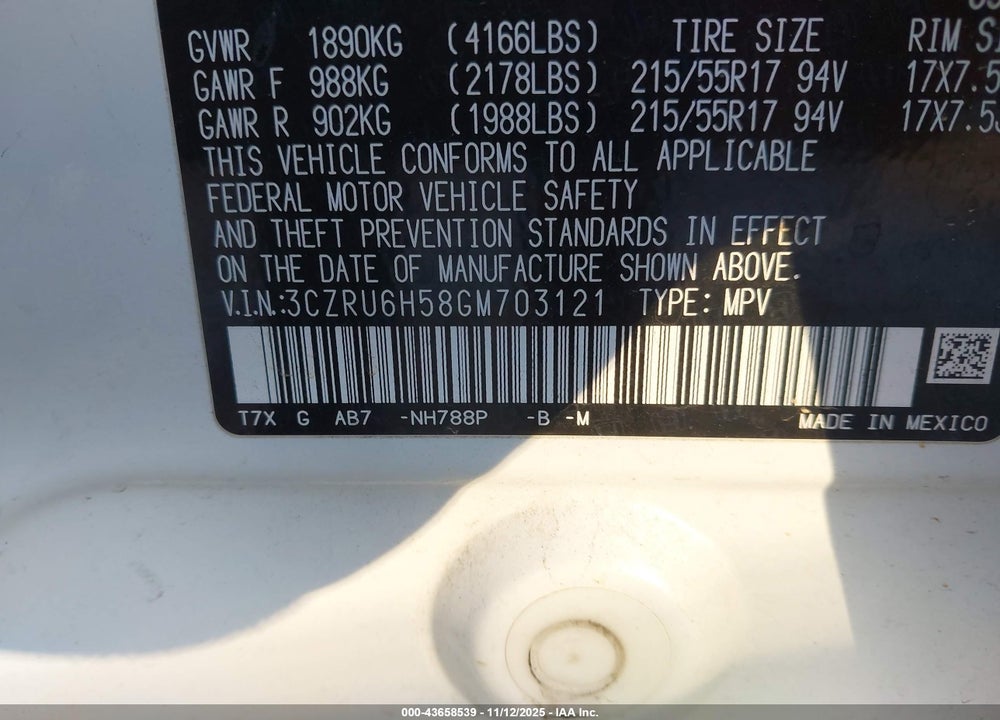 2016 HONDA HR-V EX VIN: 3CZRU6H58GM703121