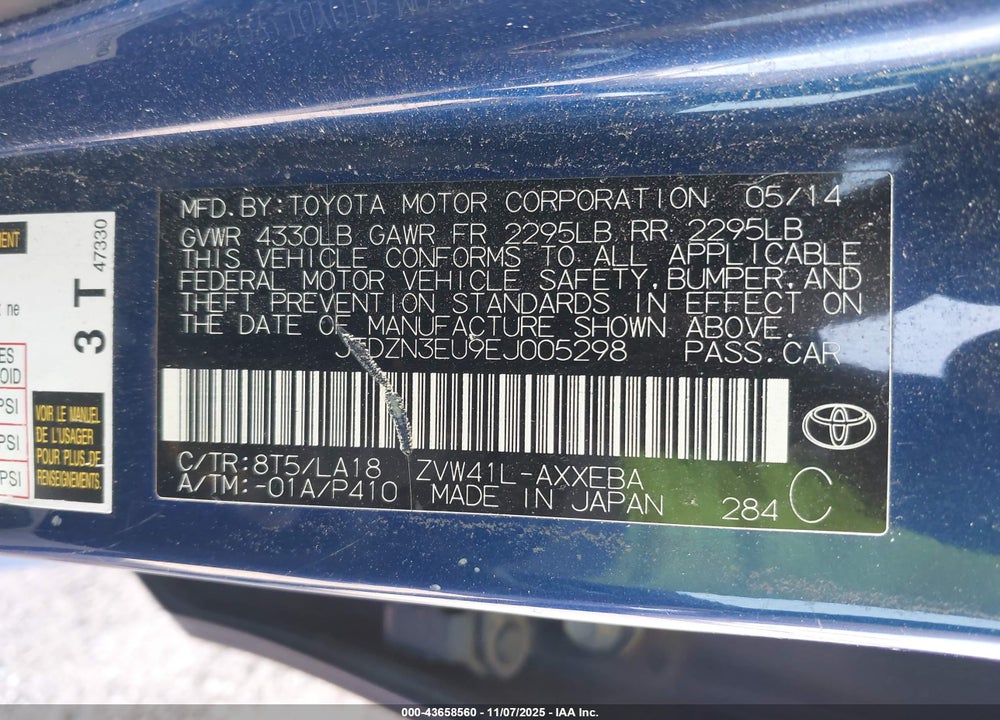 2014 TOYOTA PRIUS V FIVE VIN: JTDZN3EU9EJ005298