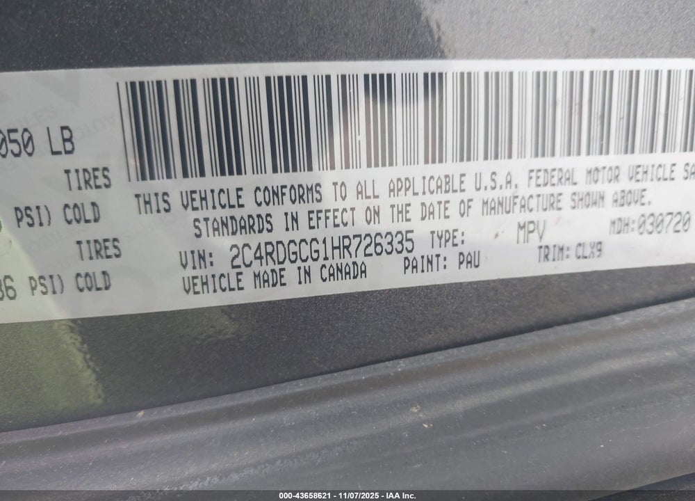 2017 DODGE GRAND CARAVAN SXT VIN: 2C4RDGCG1HR726335