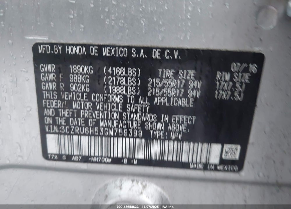 2016 HONDA HR-V VIN: 3CZRU6H53GM759399