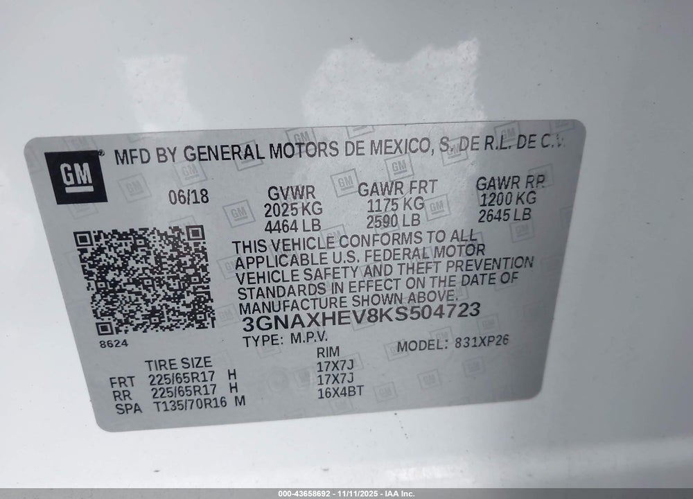 2019 CHEVROLET EQUINOX LS VIN: 3GNAXHEV8KS504723