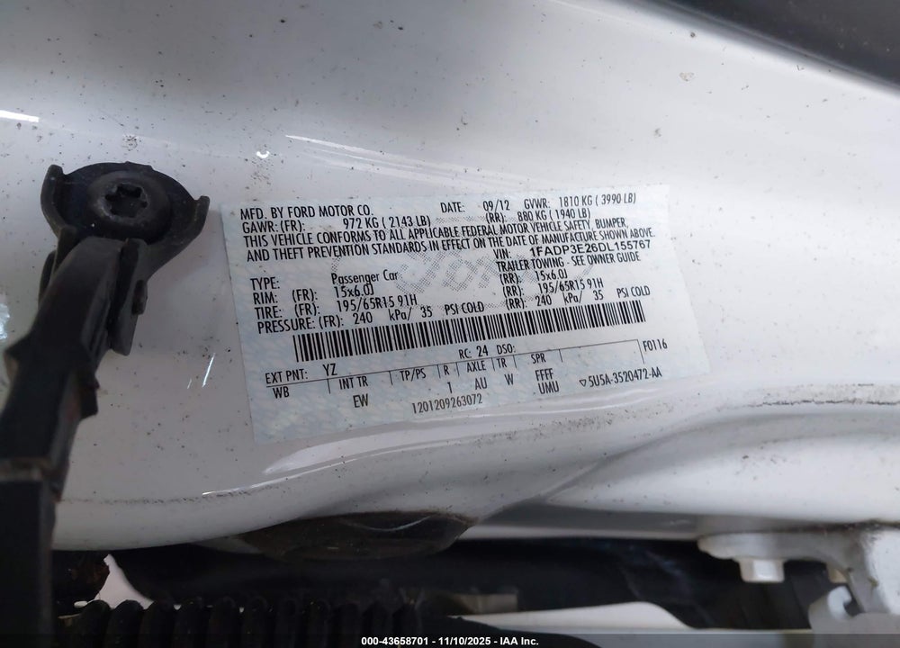 2013 FORD FOCUS S VIN: 1FADP3E26DL155767