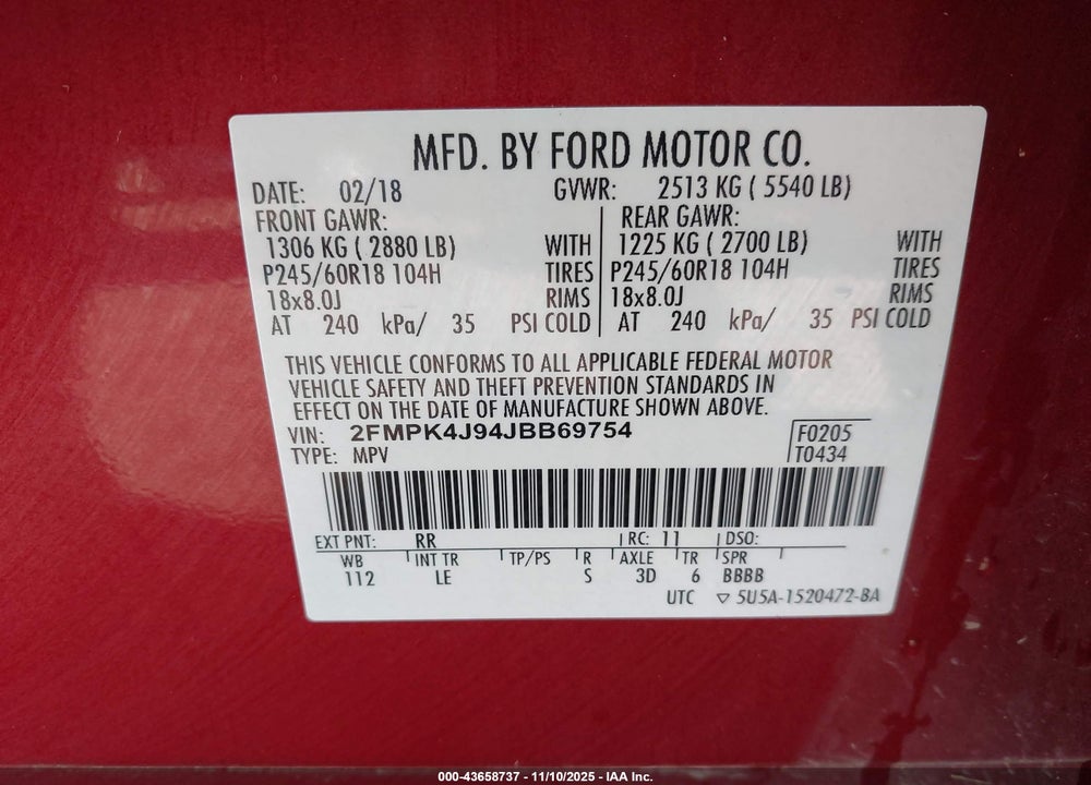 2018 FORD EDGE SEL VIN: 2FMPK4J94JBB69754