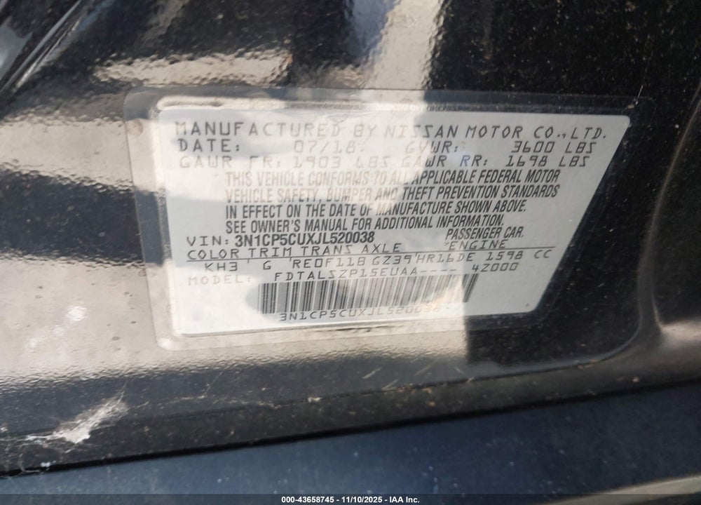 2018 NISSAN KICKS SV VIN: 3N1CP5CUXJL520038