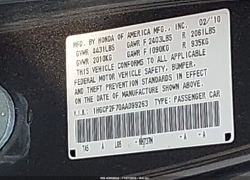 2010 HONDA ACCORD 2.4 EX VIN: 1HGCP2F70AA099263