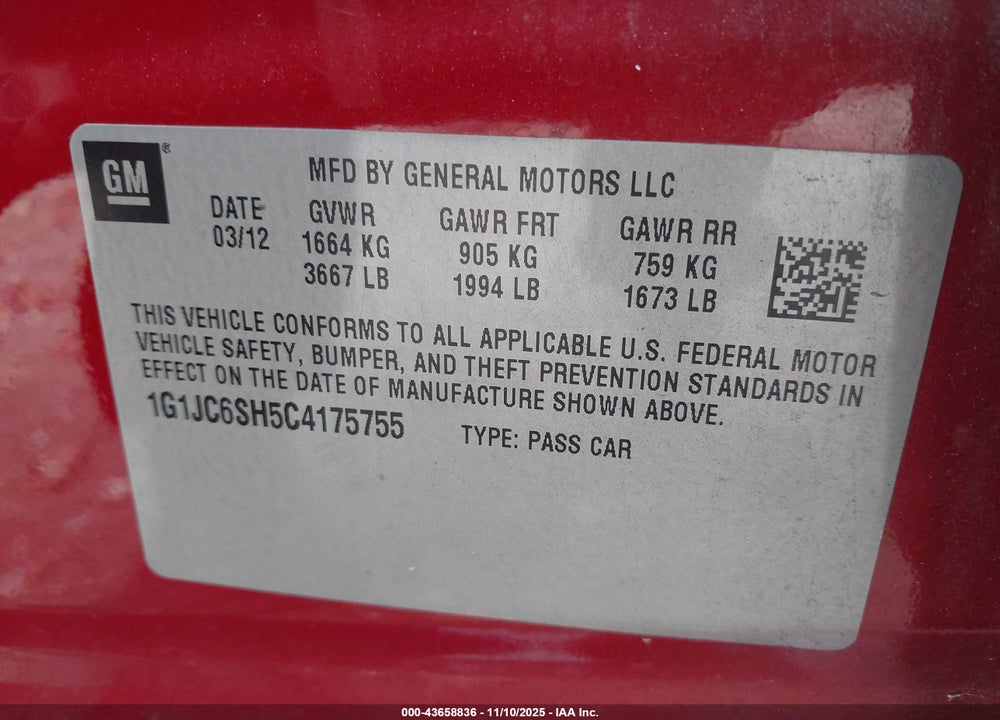 2012 CHEVROLET SONIC 2LT VIN: 1G1JC6SH5C4175755