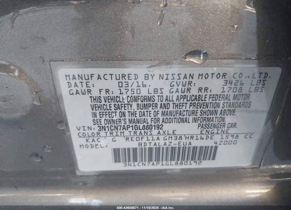 2016 NISSAN VERSA 1.6 S+ VIN: 3N1CN7AP1GL880192