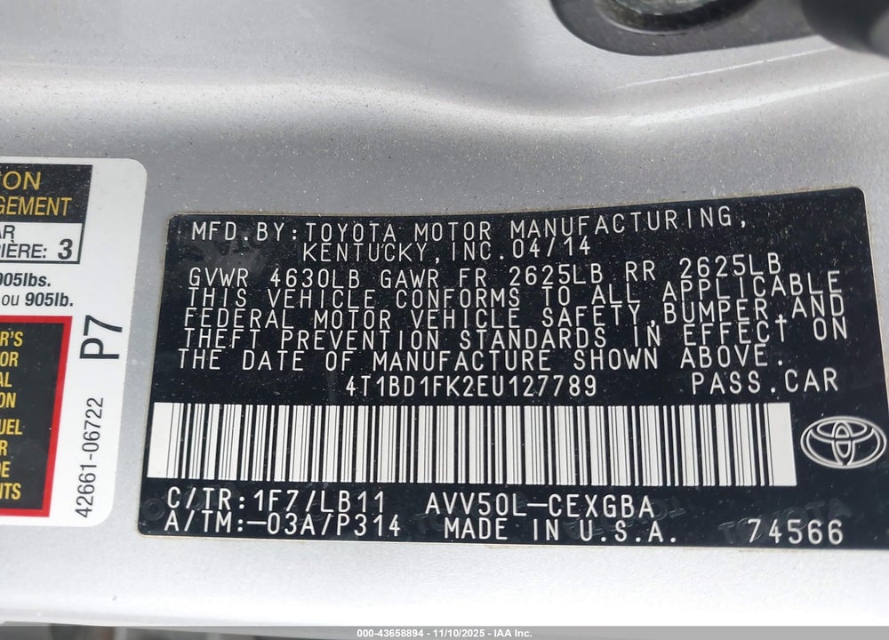 2014 TOYOTA CAMRY HYBRID XLE VIN: 4T1BD1FK2EU127789