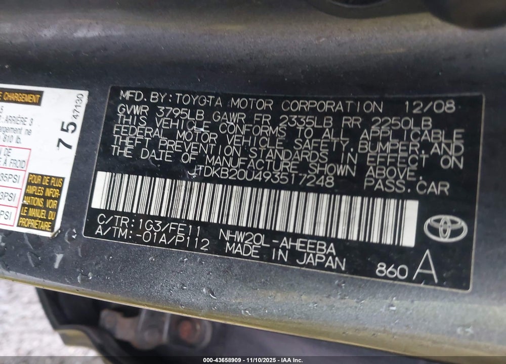 2009 TOYOTA PRIUS VIN: JTDKB20U493517248
