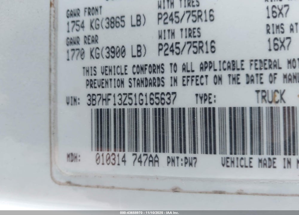 2001 DODGE RAM 1500 ST VIN: 3B7HF13Z51G165637