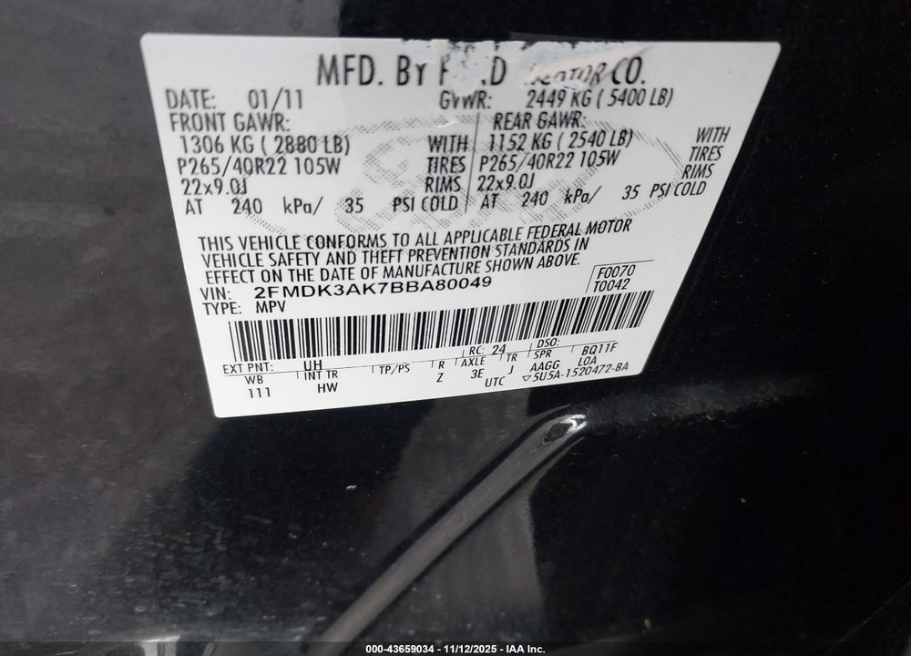 2011 FORD EDGE SPORT VIN: 2FMDK3AK7BBA80049