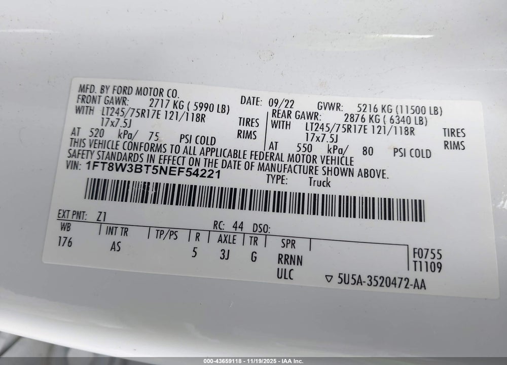 2022 FORD F-350 XL VIN: 1FT8W3BT5NEF54221