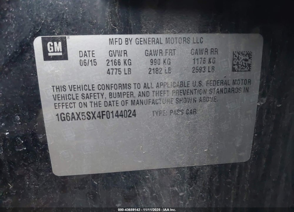 2015 CADILLAC CTS LUXURY VIN: 1G6AX5SX4F0144024
