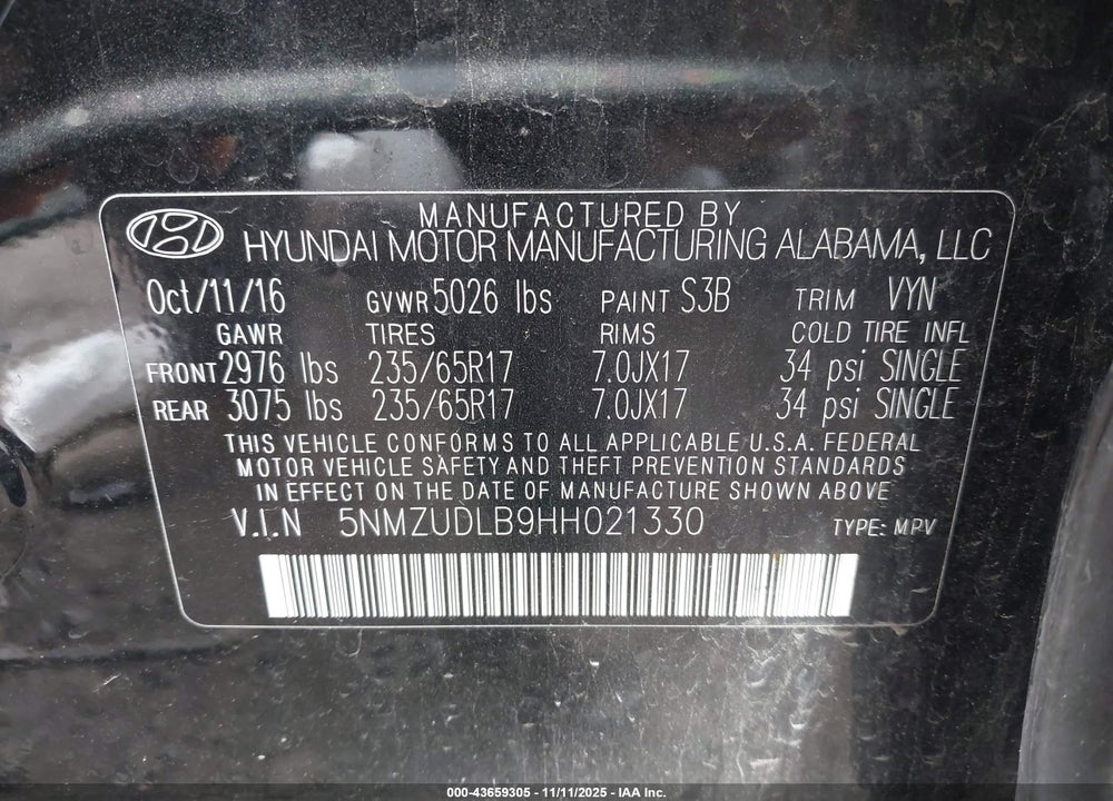 2017 HYUNDAI SANTA FE SPORT 2.4L VIN: 5NMZUDLB9HH021330