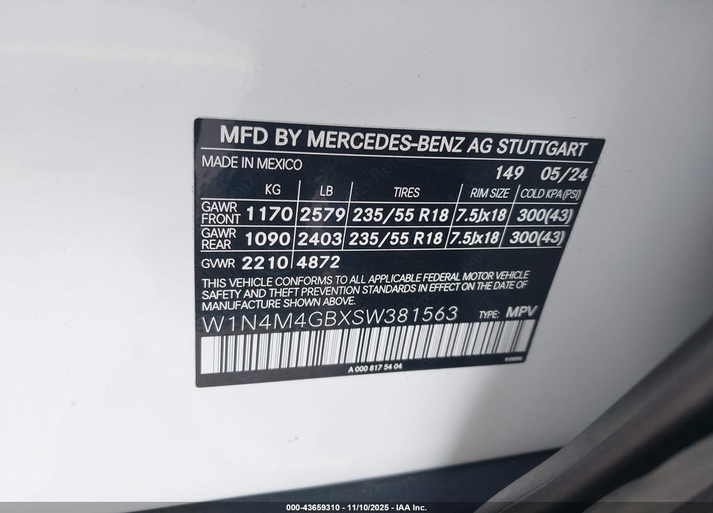 2025 MERCEDES-BENZ GLB-CLASS VIN: W1N4M4GBXSW381563
