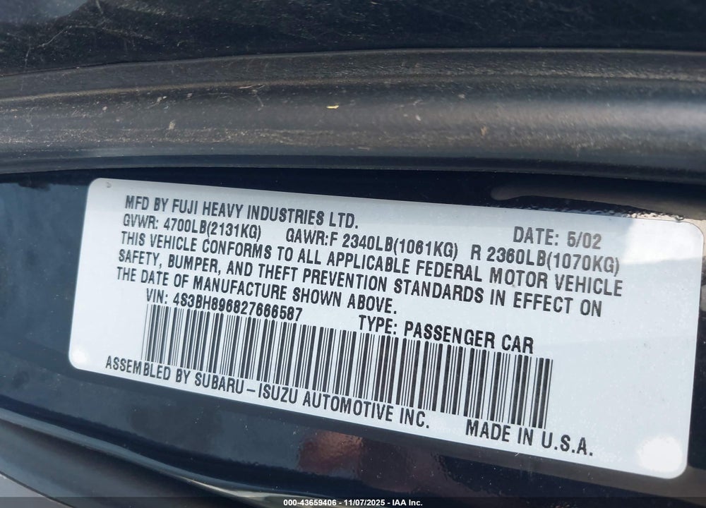 2002 SUBARU OUTBACK H6-3.0 VDC VIN: 4S3BH896827666587