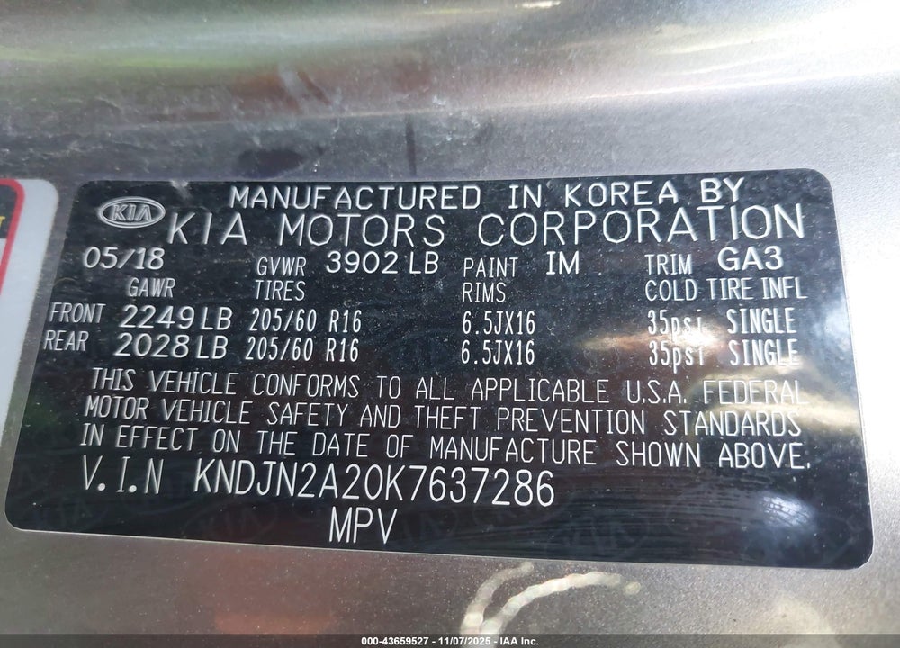 2019 KIA SOUL VIN: KNDJN2A20K7637286