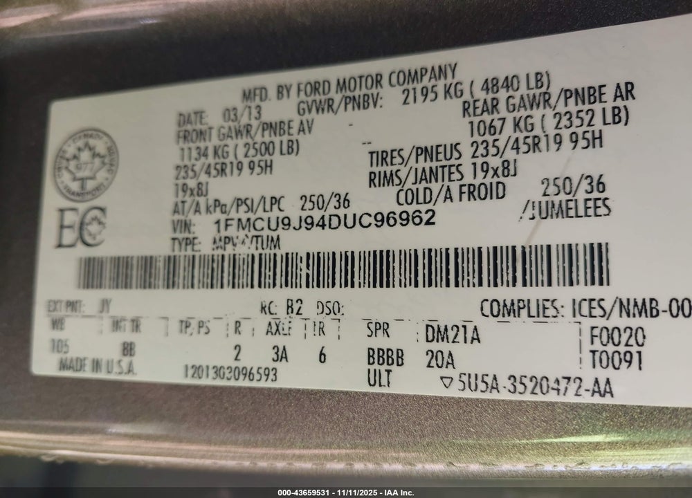 2013 FORD ESCAPE TITANIUM VIN: 1FMCU9J94DUC96962