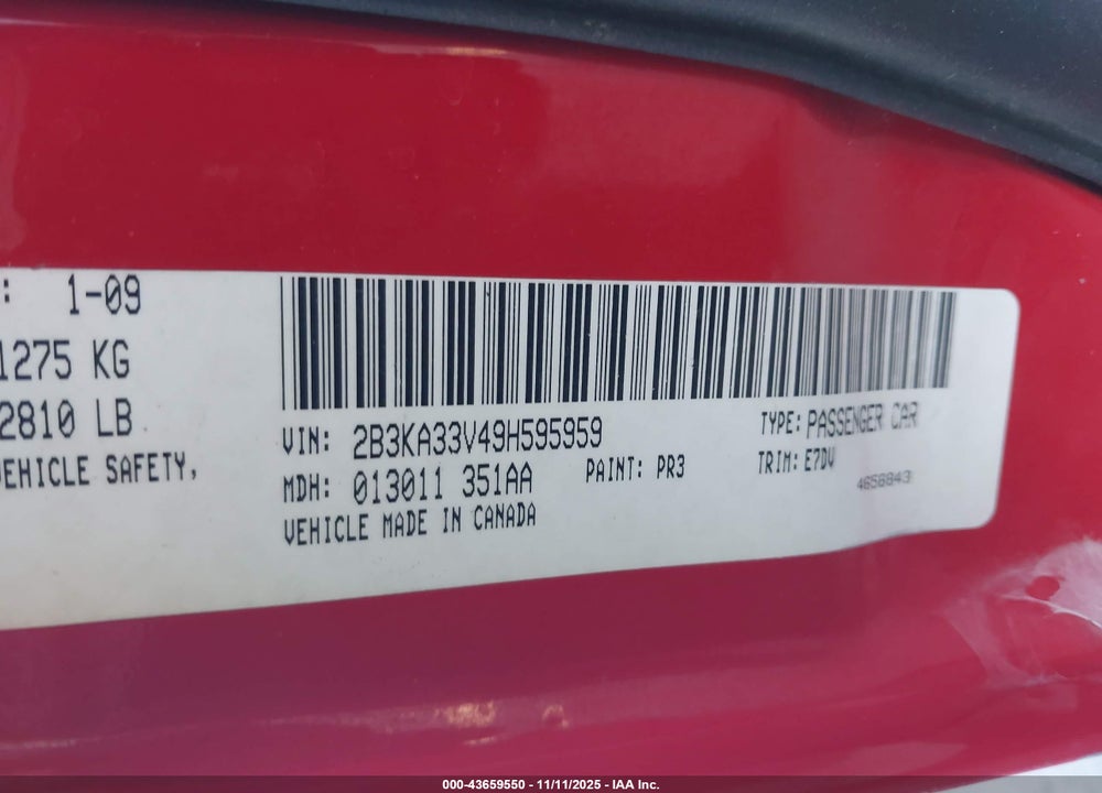 2009 DODGE CHARGER SXT VIN: 2B3KA33V49H595959