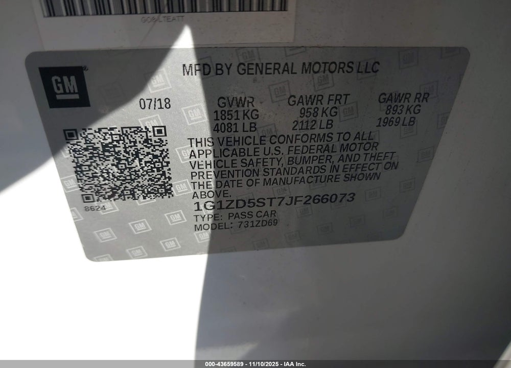 2018 CHEVROLET MALIBU LT VIN: 1G1ZD5ST7JF266073