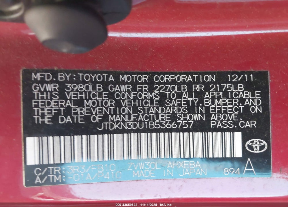 2011 TOYOTA PRIUS THREE VIN: JTDKN3DU1B5366757