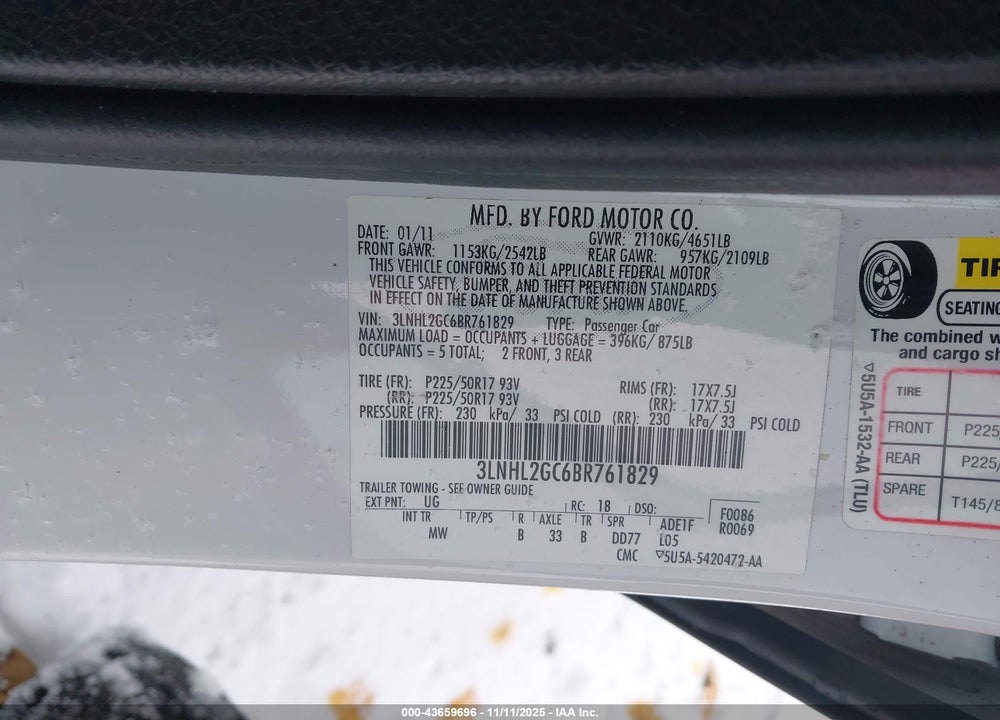 2011 LINCOLN MKZ VIN: 3LNHL2GC6BR761829