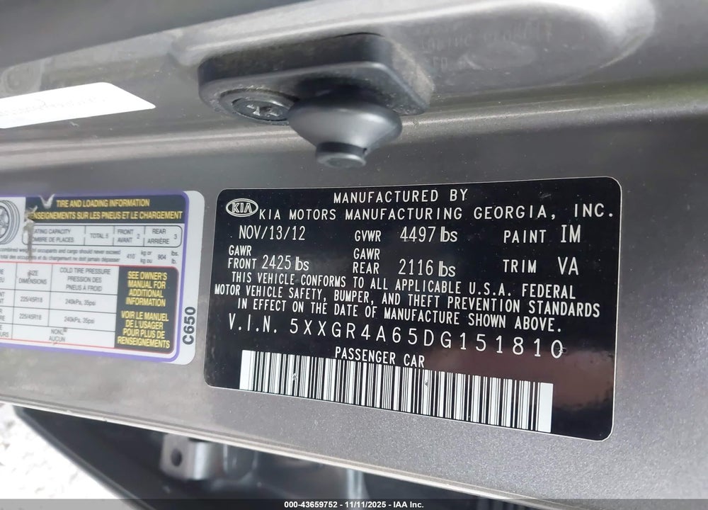 2013 KIA OPTIMA VIN: 5XXGR4A65DG151810