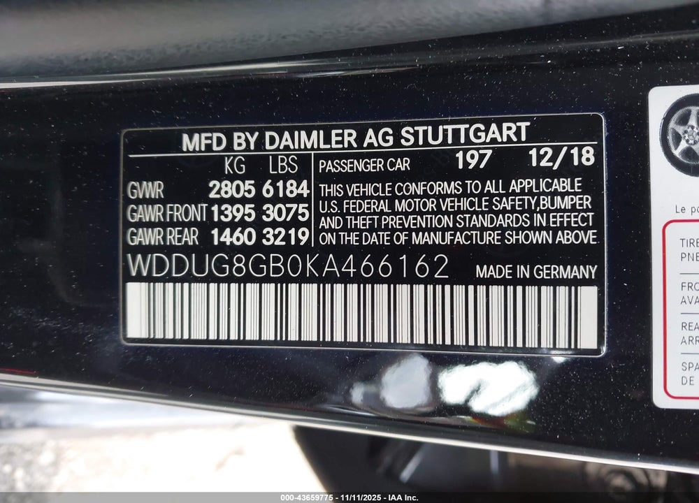 2019 MERCEDES-BENZ S 560 4MATIC VIN: WDDUG8GB0KA466162
