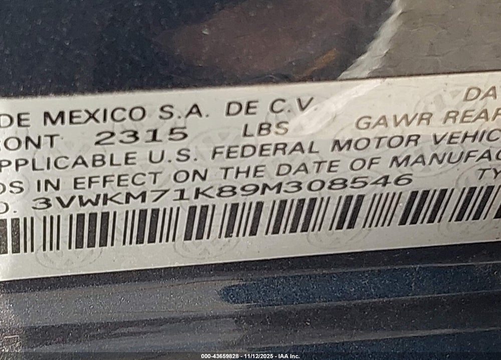 2009 VOLKSWAGEN JETTA 2.5L S VIN: 3VWKM71K89M308546
