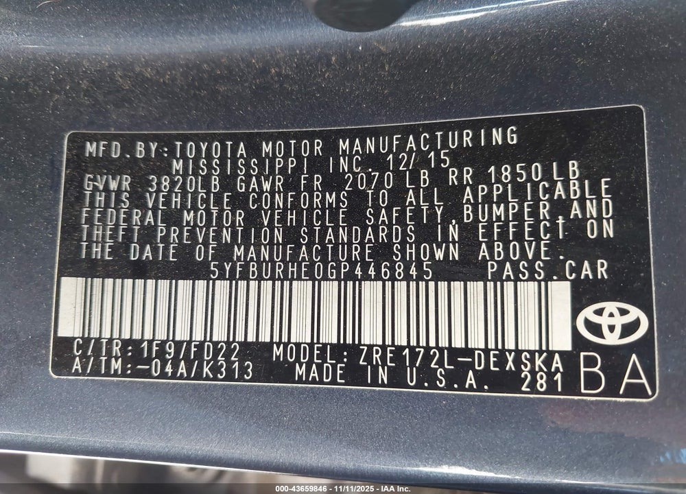 2016 TOYOTA COROLLA S PLUS VIN: 5YFBURHE0GP446845
