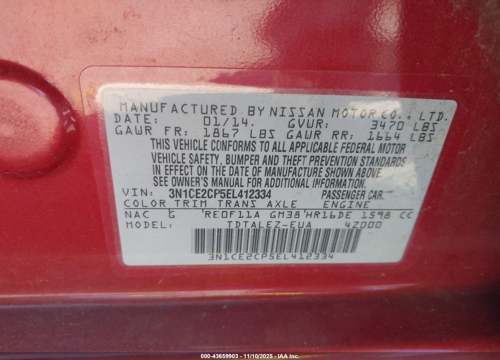 2014 NISSAN VERSA NOTE SV VIN: 3N1CE2CP5EL412334