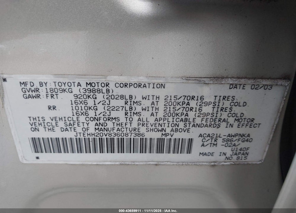 2003 TOYOTA RAV4 VIN: JTEHH20V836087386