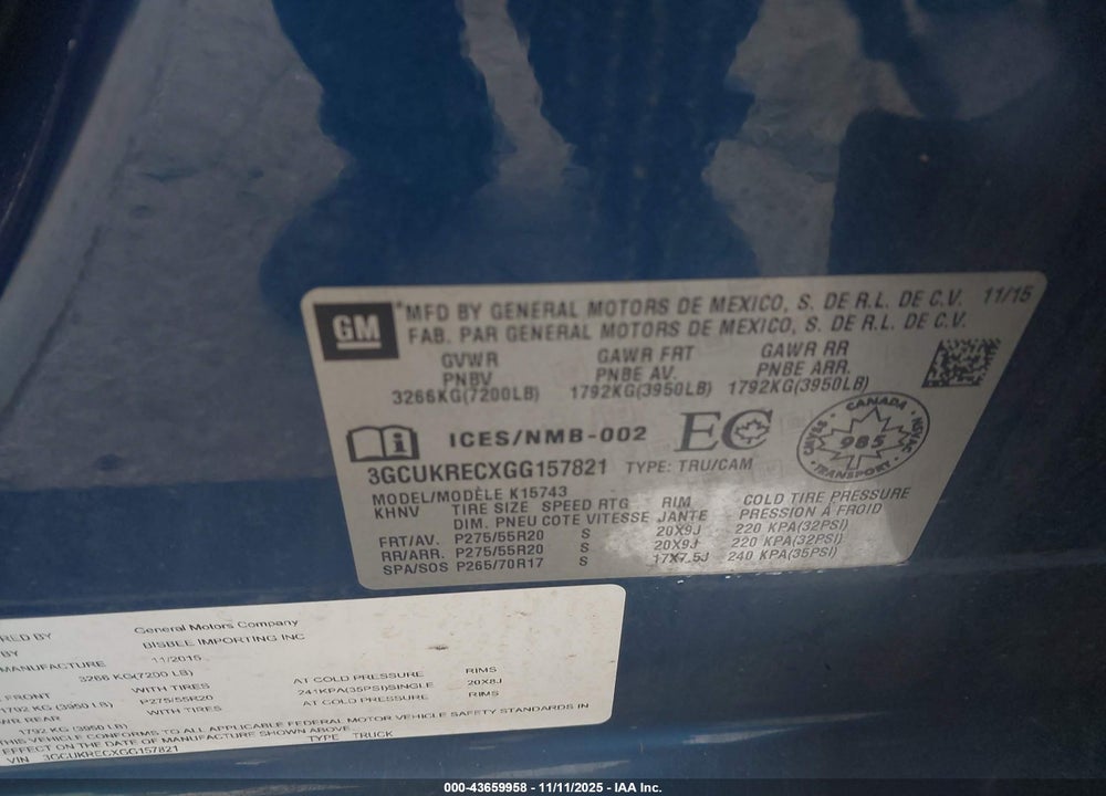 2016 CHEVROLET SILVERADO 1500 1LT/2LT VIN: 3GCUKRECXGG157821