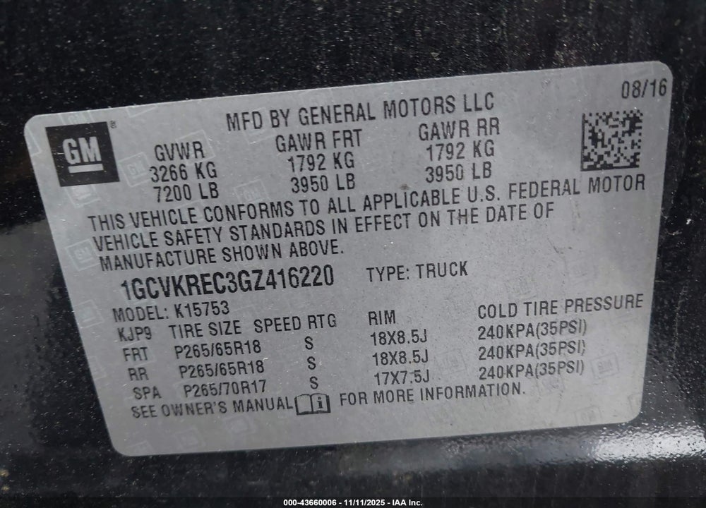 2016 CHEVROLET SILVERADO 1500 VIN: 1GCVKREC3GZ416220