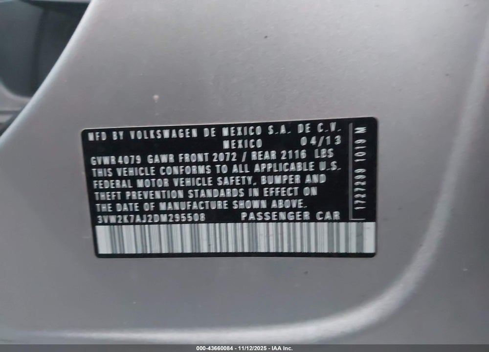 2013 VOLKSWAGEN JETTA VIN: 3VW2K7AJ2DM295508