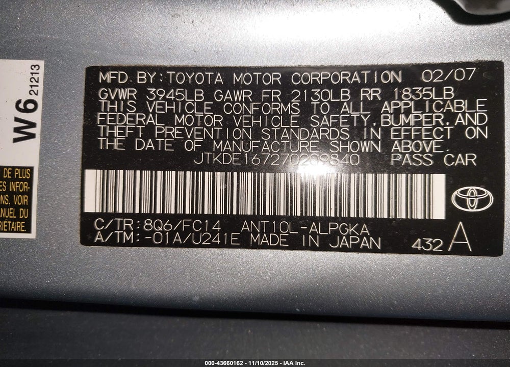 2007 SCION TC VIN: JTKDE167270209840