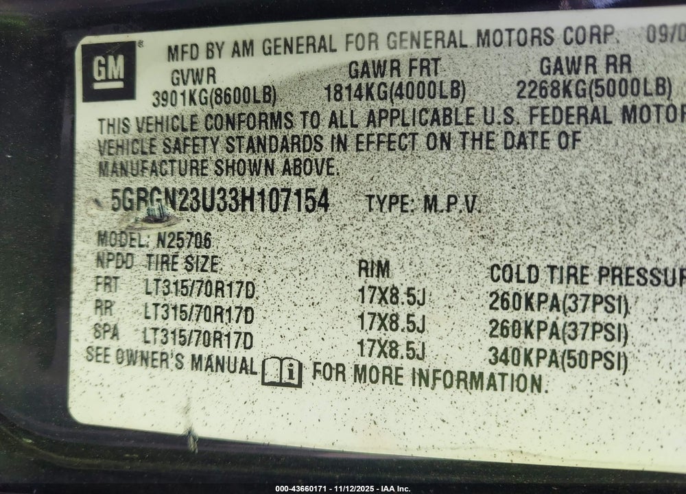 2003 HUMMER H2 VIN: 5GRGN23U33H107154