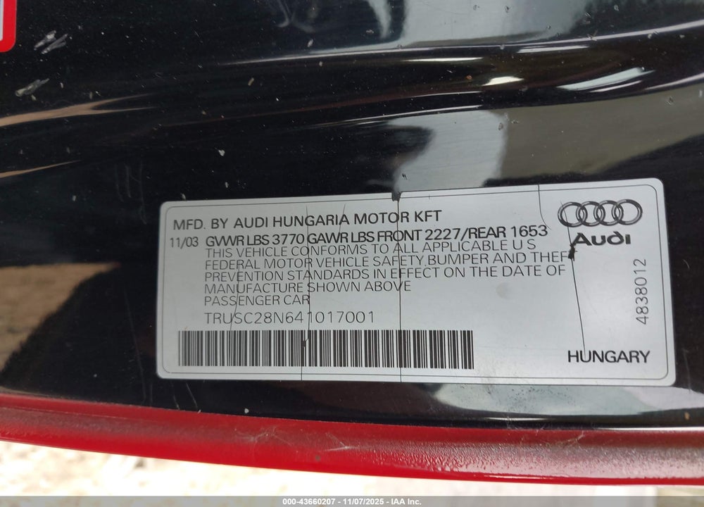 2004 AUDI TT 1.8L VIN: TRUSC28N641017001