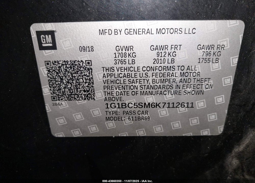2019 CHEVROLET CRUZE LS VIN: 1G1BC5SM6K7112611