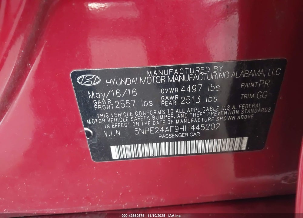 2017 HYUNDAI SONATA VIN: 5NPE24AF9HH445202