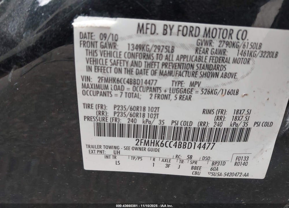 2011 FORD FLEX SEL VIN: 2FMHK6CC4BBD14477