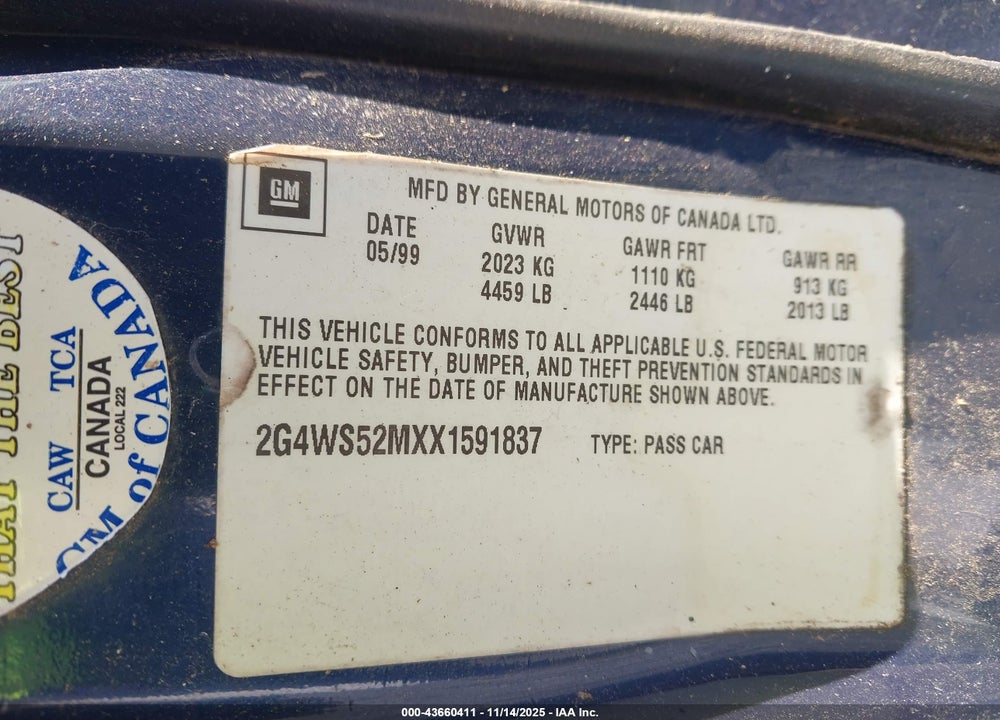 1999 BUICK CENTURY CUSTOM VIN: 2G4WS52MXX1591837
