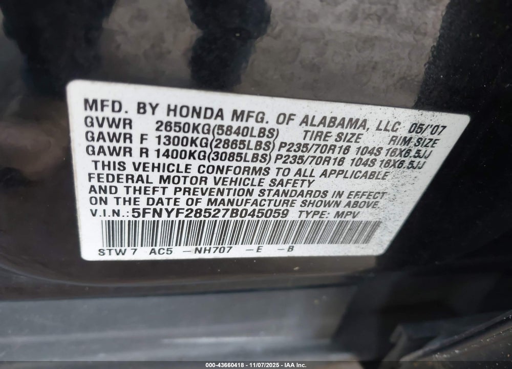 2007 HONDA PILOT EX-L VIN: 5FNYF28527B045059