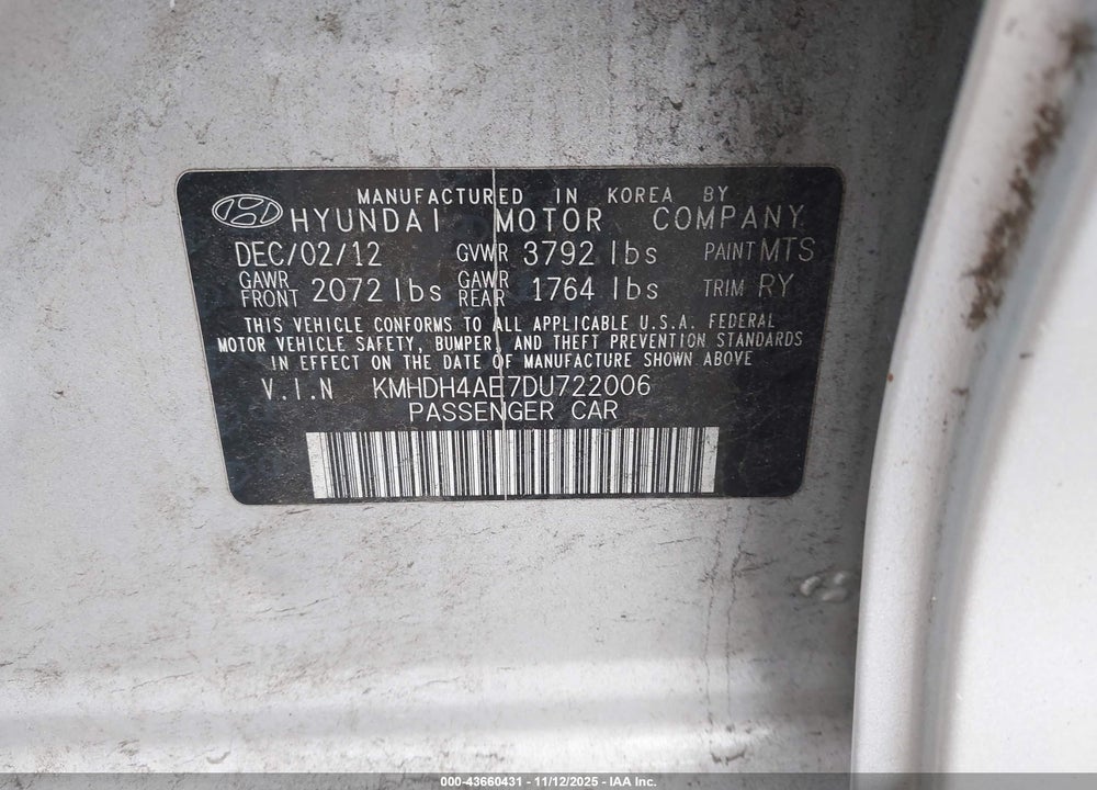 2013 HYUNDAI ELANTRA VIN: KMHDH4AE7DU722006