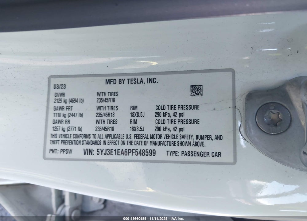 2023 TESLA MODEL 3 REAR-WHEEL DRIVE VIN: 5YJ3E1EA6PF548599