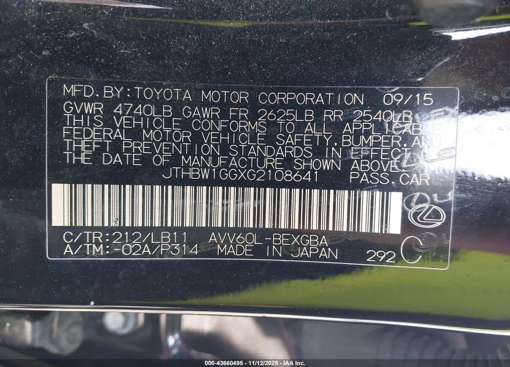 2016 LEXUS ES 300H VIN: JTHBW1GGXG2108641